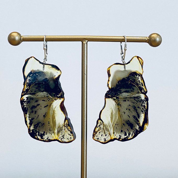 Amber earrings cut from a single piece of amber