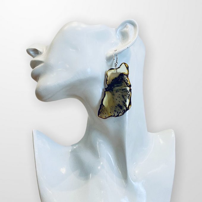 Amber earrings cut from a single piece of amber
