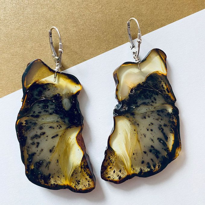 Amber earrings cut from a single piece of amber