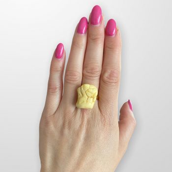 Yellow matt amber ring with natural bark fragments