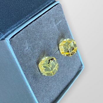 Clear amber with moss square earrings with twists