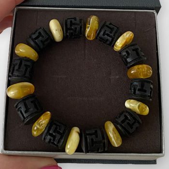 Men's clear, landscape and yellow amber bracelet with black oak details