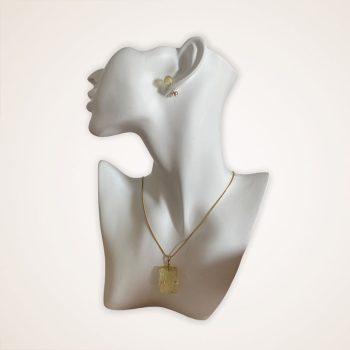 Transparent amber square pendant and earring tacks set