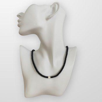 Black shiny amber disc necklace with royal white amber inlay in the middle-2