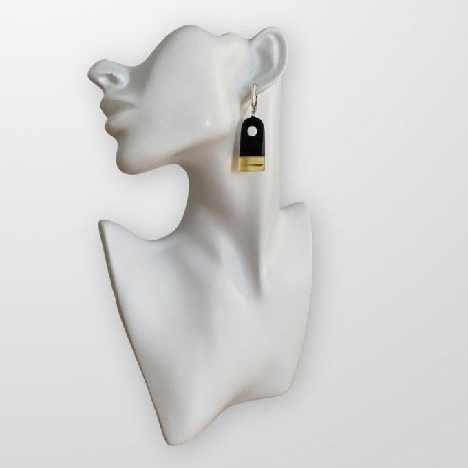 Black oak and clear amber combination earrings with abstract hole shape
