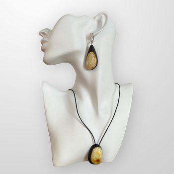 Expressive black oak and yellow amber pendant and earrings set