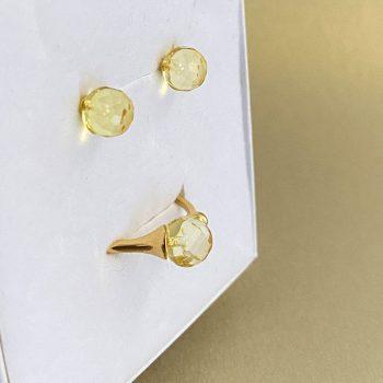 Stylish clear faceted amber ring and earrings set