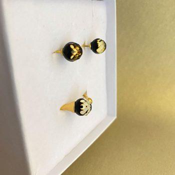 Stylish green faceted amber ring and earrings set