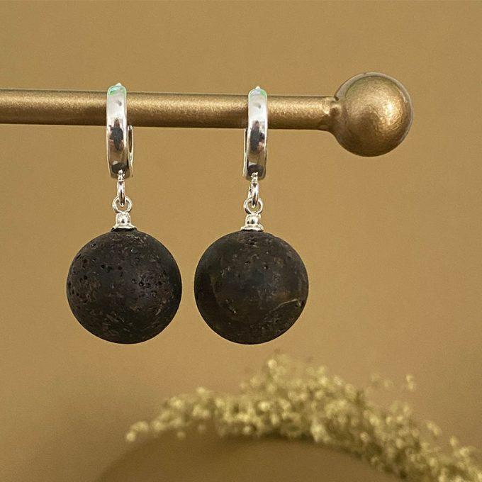 Stylish bubble-shaped matt black amber earrings