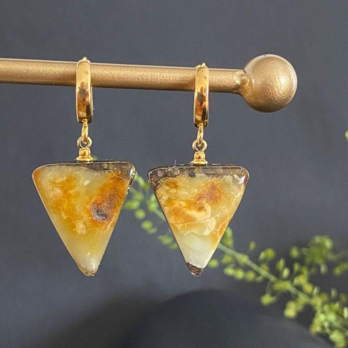 Stylish and charming triangular amber earrings in shades of yellow