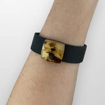 Stylish black leather bracelet with Wenge wood and expressive amber detail-2