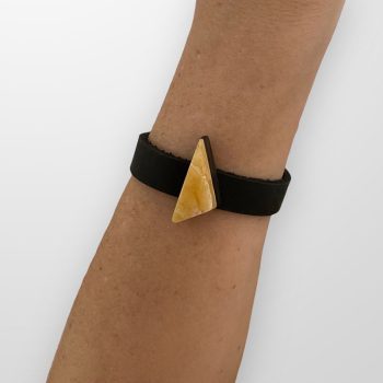 Stylish black leather bracelet with triangular Wenge wood and expressive amber detail