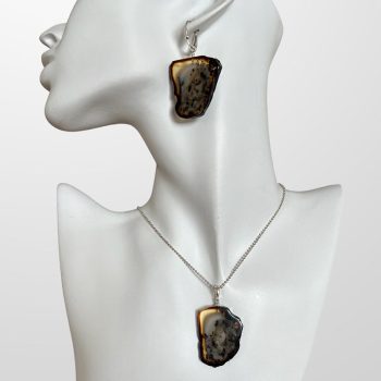 Expressive abstract lava-textured amber pendant and earrings set