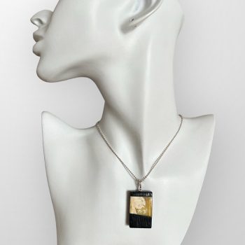 Elegant rectangular set of black oak and yellow amber earrings and necklace