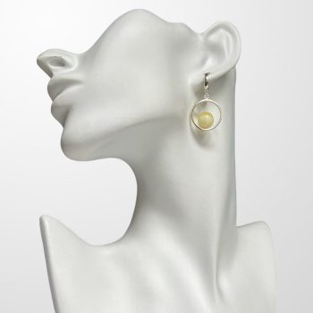Futuristic bubble-shaped landscape amber earrings set in a circle frame