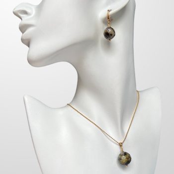 Stylish mottled green faceted amber pendant and earrings set