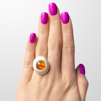 Gorgeous circular antler and clear amber ring