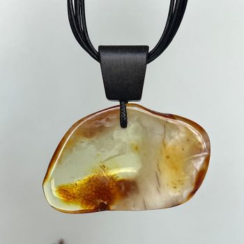 Expressive landscape amber neck pendant with natural peel and black oak detail
