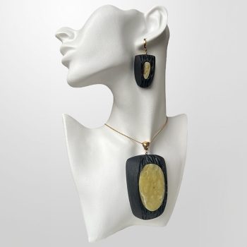 Massive engraved black oak and landscape amber pendant and earrings set