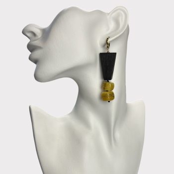 Expressive greenish yellow amber earrings with black oak