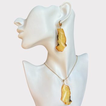 Fine set of cut landscape amber earrings and necklace pendant