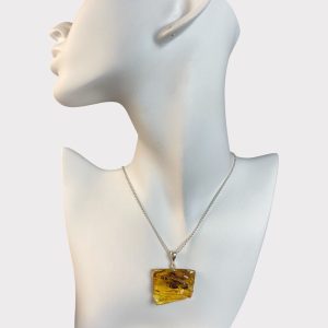 Elegantiškas graviruoto skaidraus gintaro su samanėlėmis kaklo pakabukas