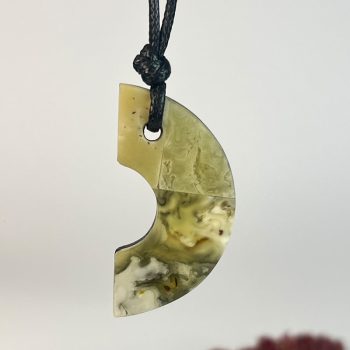 Stylish set of greenish landscape amber with black oak earrings and necklace