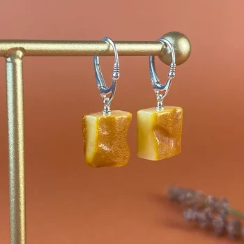 Fine square amber earrings with natural bark