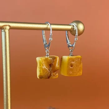 Fine square amber earrings with natural bark and inclusions
