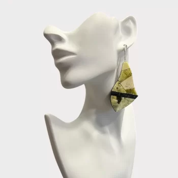 Expressive butterfly wing earrings in black oak and landscape greenish amber