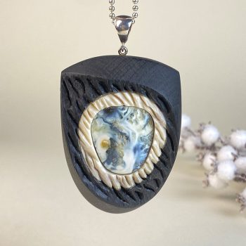 Luxury set of engraved black oak, elk horn and blue landscape amber earrings and necklace