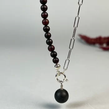 Fine necklace with matt dark cherry amber beads