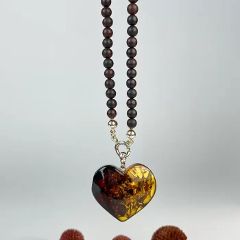 Fine dark matt amber necklace with heart pendant 2