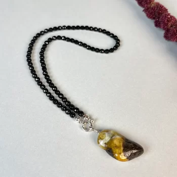 Enchanting black faceted amber necklace with landscape amber pendant 4