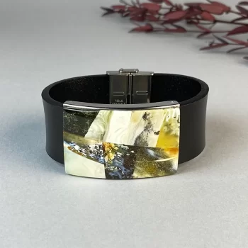 Stylish black leather bracelet with mosaic landscape amber detail