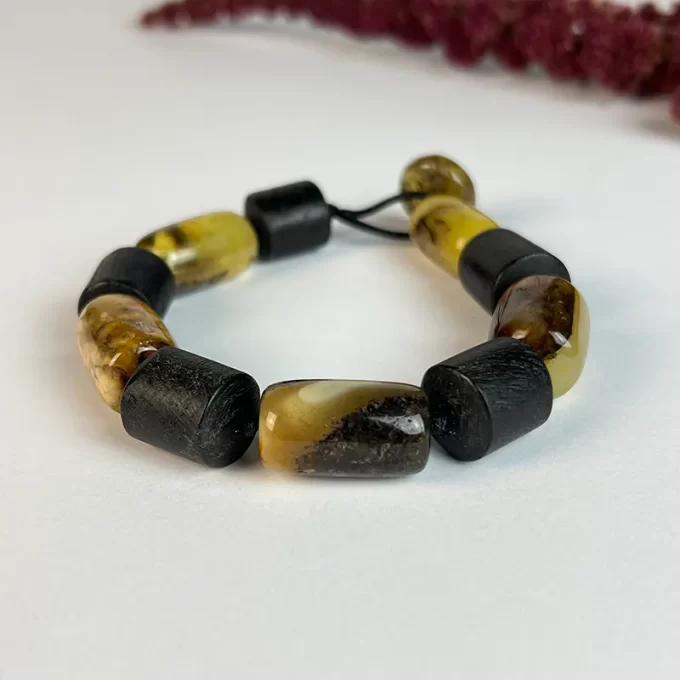 Men's stylish black oak and speckled amber bracelet