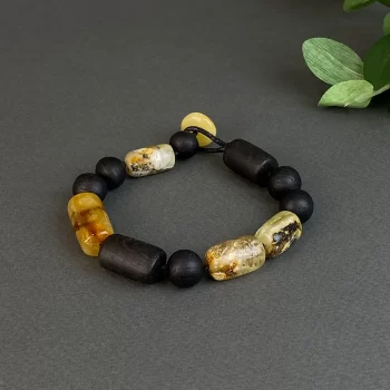 Stylish black oak and speckled amber men's bracelet and necklace set 2
