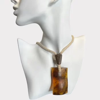 Stylish matt yellow amber men's neck pendant on linen cord 2