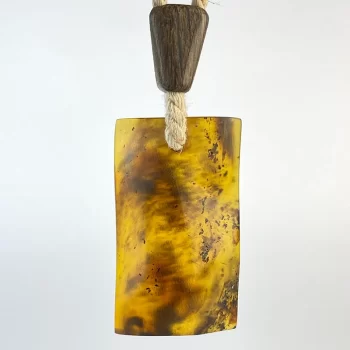 Stylish matt yellow amber men's neck pendant on linen cord