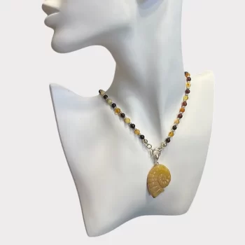 Fine multicoloured amber bead necklace with engraved pendant 2