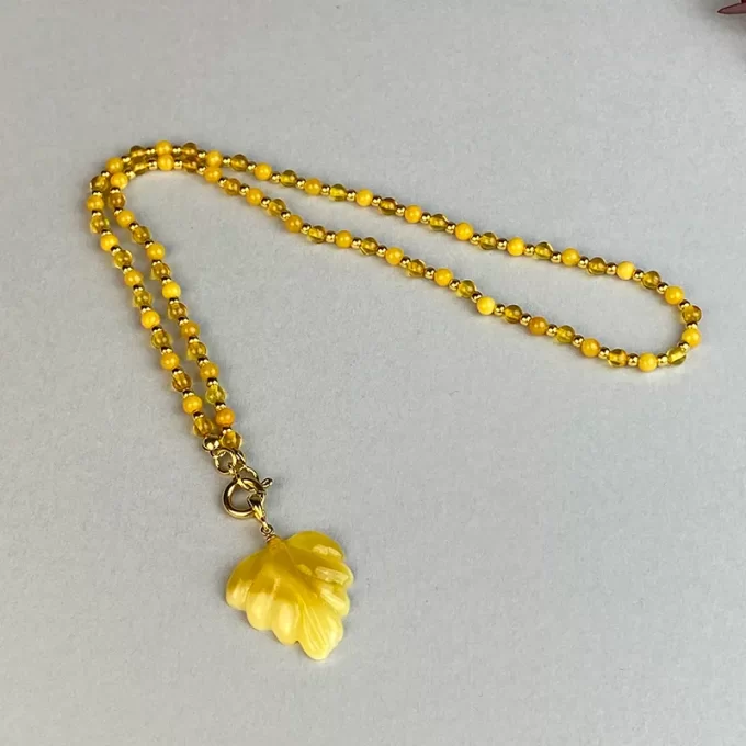 Dainty slide and caramel amber bead necklace with engraved pendant 2