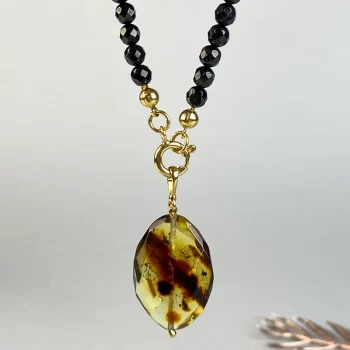 Chic faceted black amber necklace, pendant and earrings set