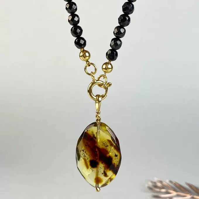 Chic faceted black amber necklace, pendant and earrings set