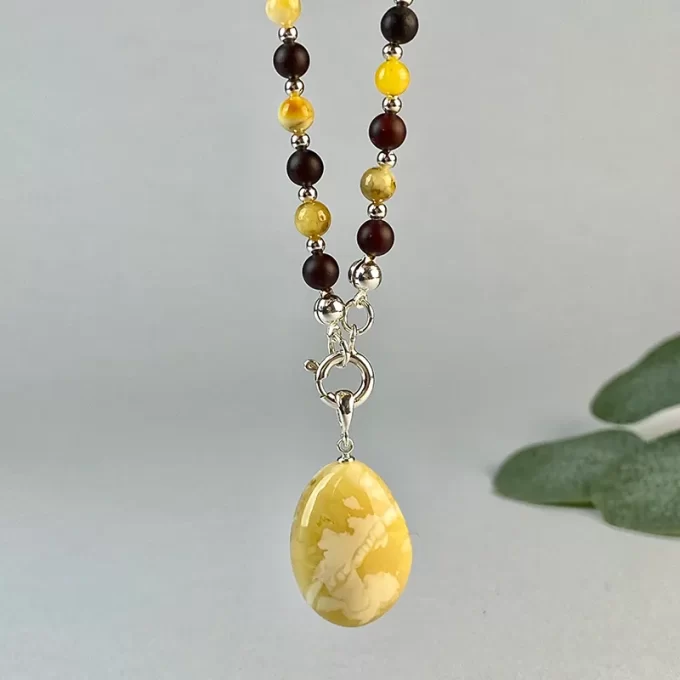 Fine black matt and shiny speckled amber necklace with pendant and earrings set 4