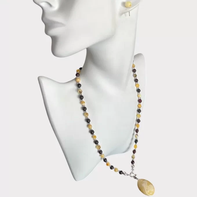 Fine black matt and shiny speckled amber necklace with pendant and earrings set 5