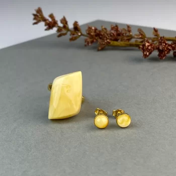 Elegant set of shiny landscape amber ring and earring tacks