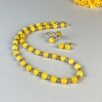 Chic yellow amber beaded necklace, earring hooks and ring set 2