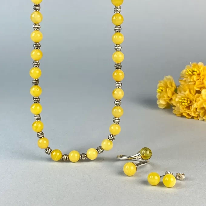Chic yellow amber beaded necklace, earring hooks and ring set
