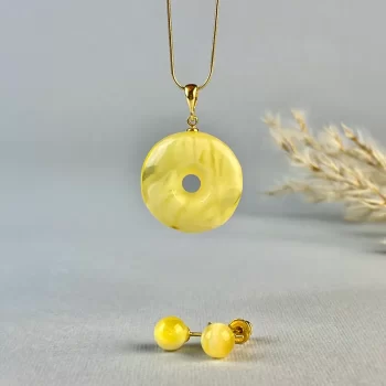Stylish set of landscape amber earring pins and amulet pendant