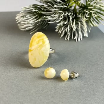 Delicate oval-shaped set of landscape amber ring and earring tacks